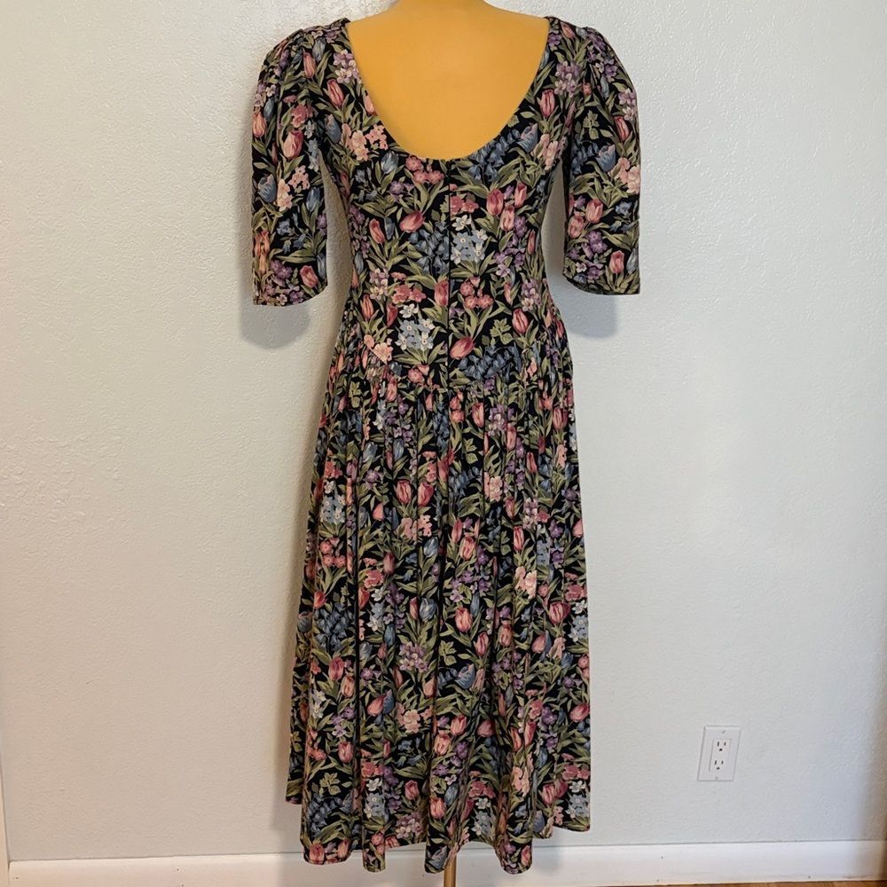 Vintage Prarie Princess Floral Midi Dress Puff Sleeves Basque Waist Cottagecore - Picture 4 of 7